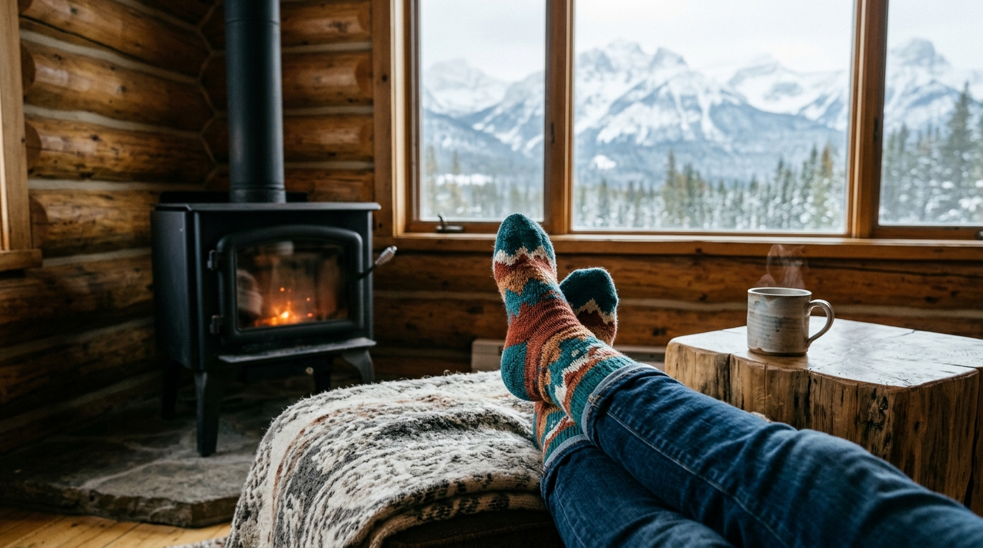 Feet up in patterned wool socks by a wood stove, mountains through the window