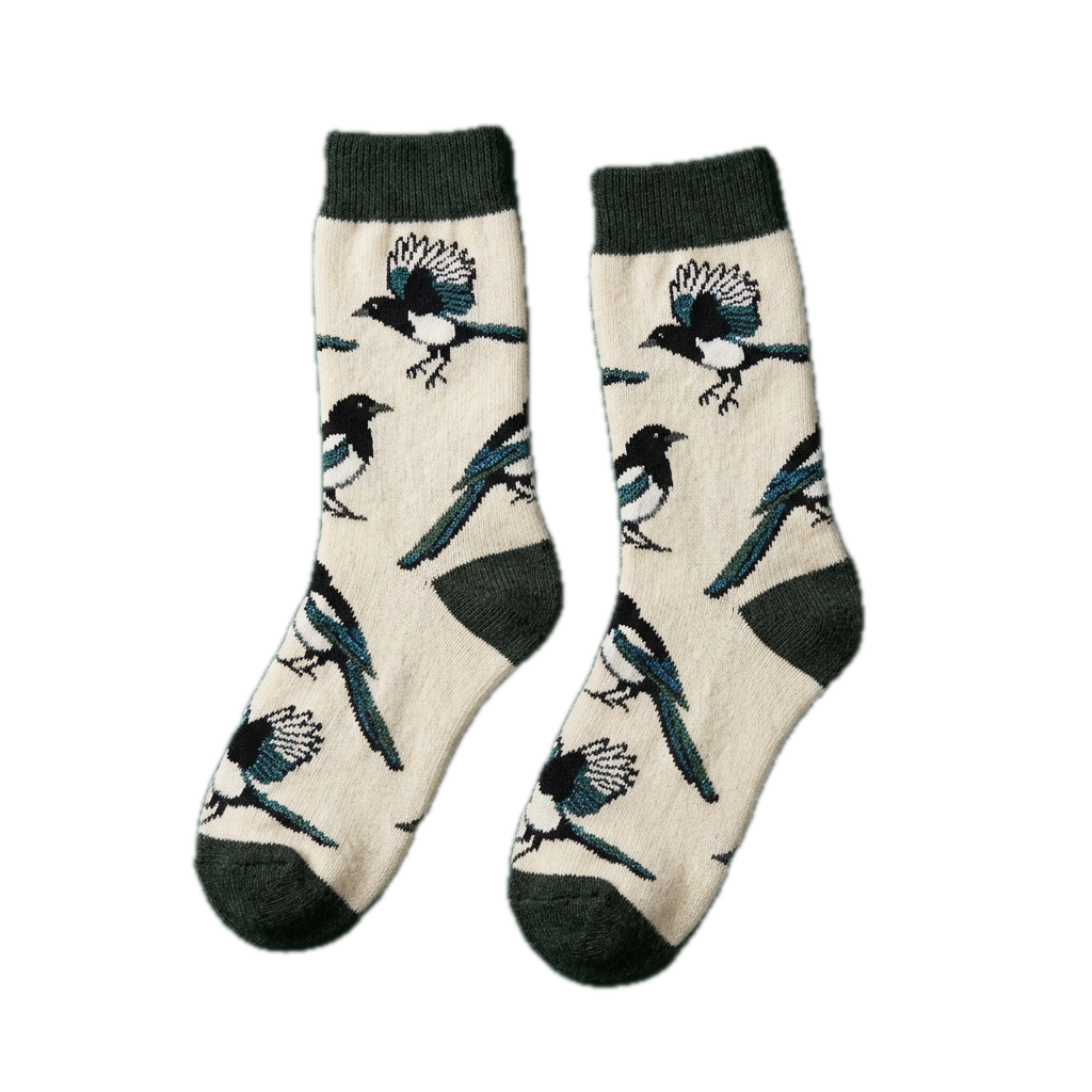 Magpie socks: black and white with a blue-green flash