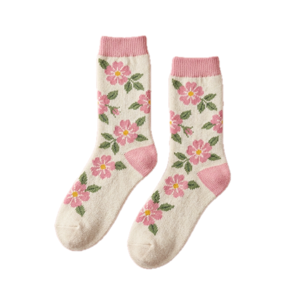 Wild Rose socks: pink five-petal roses