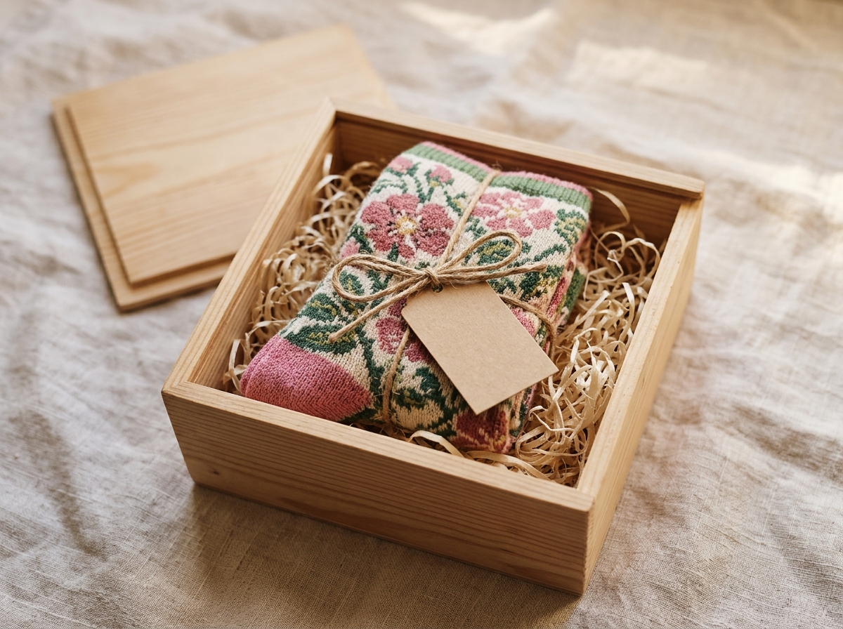 A folded pair of socks in a small pine gift box tied with twine