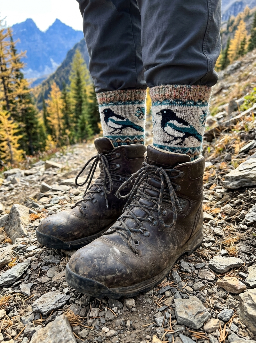 Patterned socks peeking out of hiking boots on a mountain trail